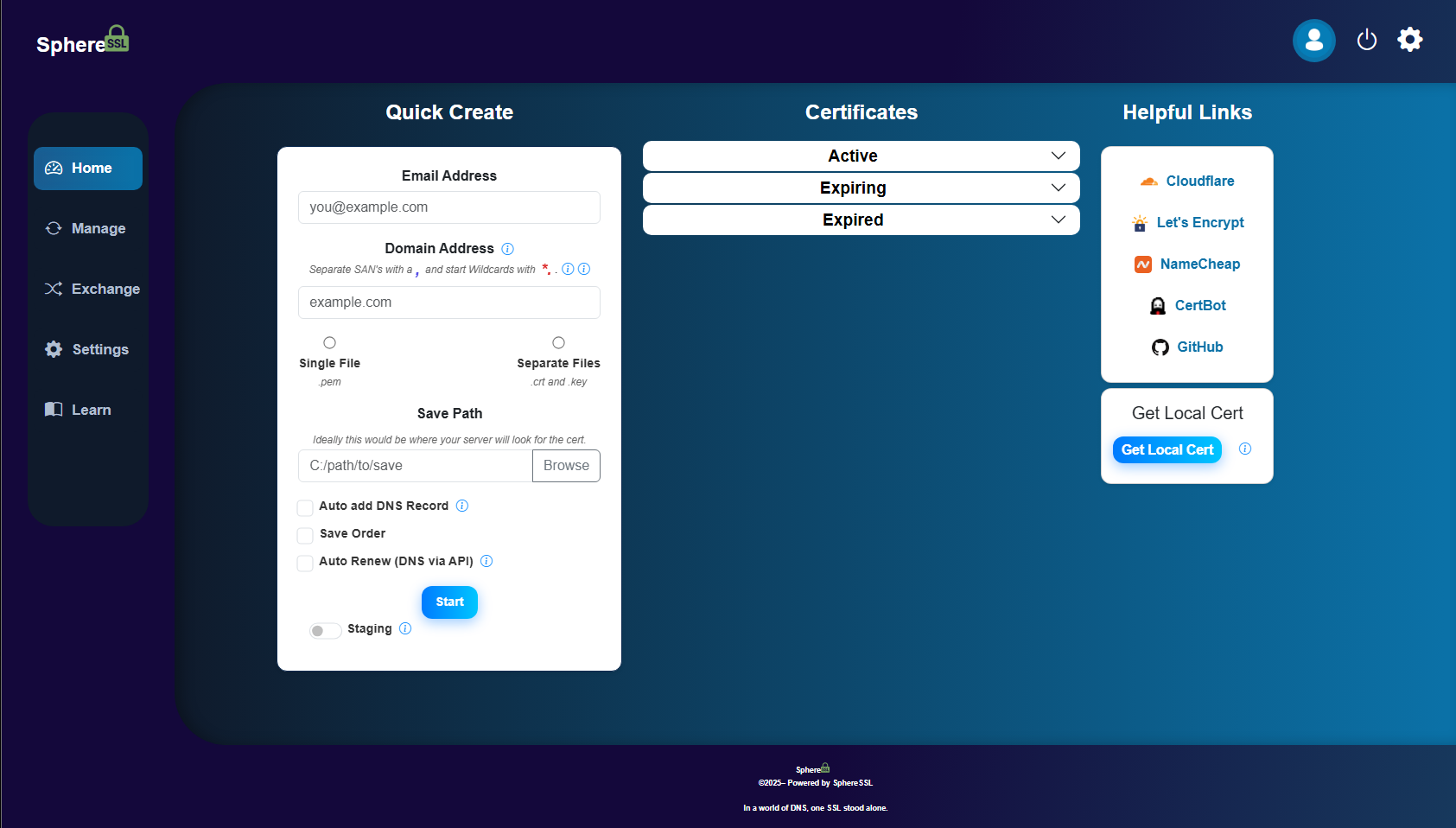 SphereSSL dashboard